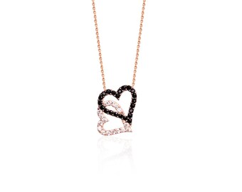 Double Heart Necklaces with Cubic Zirconia and Onyx Stones, Heart Necklaces, Heart Charms, Rose Gold Necklaces, Friendship Necklaces, Charms