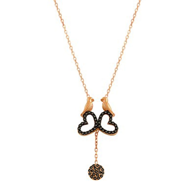 Heart Charms Rose Gold Necklaces Double Bird Heart Necklaces with Black Onyx Stones Double Bird Heart Necklaces Friendship Necklaces,