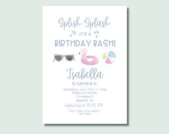 Printable Pool Party Invitation, Summer Pool Party Invite, Splish Splash Birthday Invitation, Splish Splash Birthday Bash, DIGITIAL DOWNLOAD