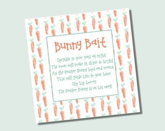 May include: A white card with a carrot pattern and the text "Bunny Bait" in orange. The card has a poem about sprinkling carrots in the yard for the Easter Bunny.