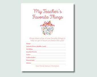 Può includere: Un foglio stampabile bianco con il testo "My Teacher's Favorite Things" in un carattere decorativo. Il foglio include richieste per nome, compleanno, snack, colore, ordine del caffè, ristorante e negozi. In alto c'è una grafica di mela floreale.