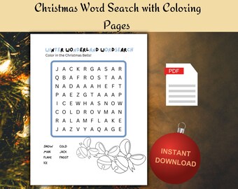 Winter Wonderland Christmas Word Search, Family Games, Christmas Activity for Kids, Christmas Printable Worksheet, PDF, Instant Download