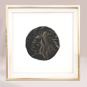 Midnight Mandala : Star Shower Female Meditating with swirling hair in metalic gold