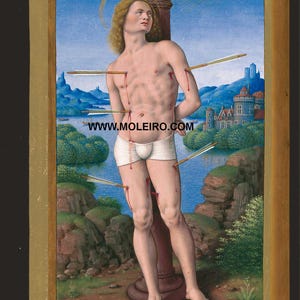 Puede incluir: Una pintura de un hombre con el pelo largo y rubio, de pie con los brazos atados a la espalda. Est&aacute; atravesado por flechas y la sangre gotea de sus heridas. Est&aacute; de pie frente a una columna y un paisaje con una ciudad en el fondo. La pintura est&aacute; enmarcada en un marco dorado.