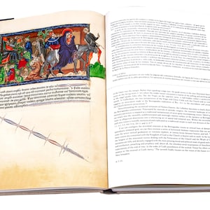 K&ouml;nnte beinhalten: Ein offenes Buch mit einer farbenfrohen Illustration einer religi&ouml;sen Szene auf der linken Seite. Die rechte Seite enth&auml;lt Text in einer Fremdsprache. Das Buch ist in Blau gebunden.
