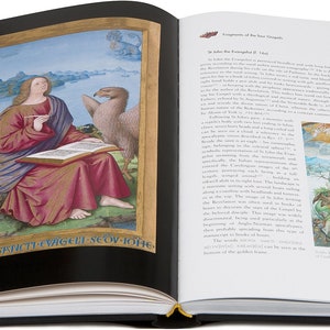 Puede incluir: Una p&aacute;gina de un libro con una pintura de San Juan Evangelista escribiendo en un libro con un &aacute;guila posada a su lado. El texto debajo de la pintura dice "He visto al evangelista Juan".