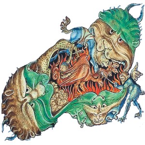 K&ouml;nnte beinhalten: Eine farbenfrohe Illustration eines mehrk&ouml;pfigen, gr&uuml;nen und braunen Monsters mit H&ouml;rnern, umgeben von Flammen und anderen kleineren Kreaturen. Das Monster hat einen gro&szlig;en, offenen Mund mit scharfen Z&auml;hnen.