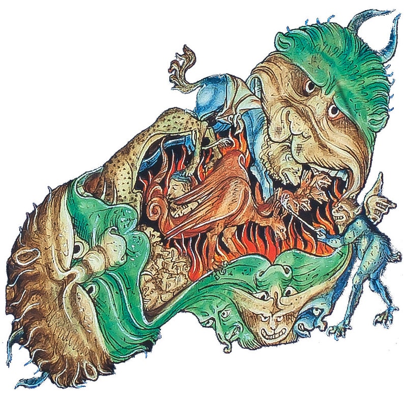 K&ouml;nnte beinhalten: Eine farbenfrohe Illustration eines mehrk&ouml;pfigen, gr&uuml;nen und braunen Monsters mit H&ouml;rnern, umgeben von Flammen und anderen kleineren Kreaturen. Das Monster hat einen gro&szlig;en, offenen Mund mit scharfen Z&auml;hnen.