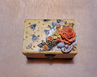 Bees & Flowers Mixed Media Wooden Jewellery Makeup Trinket Chest Box