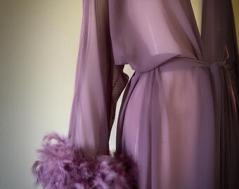 Dusty purple sheer handmade robe-chandelle feather trim-old Hollywood glam