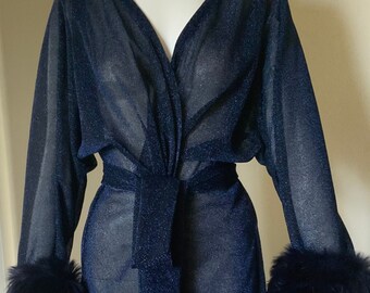 Sparkling sheer midnite blue glitter lurex-faux fur trimmed Glam robe -Old Hollywood elegance-luxury robe