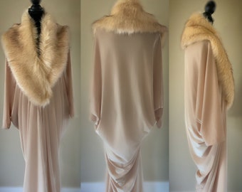 Custom handmade robe Old Hollywood style - Light Beige Velvet robe-faux fur collar, 1920s glamour-Wedding-Burlesque-Luxury-gift for her