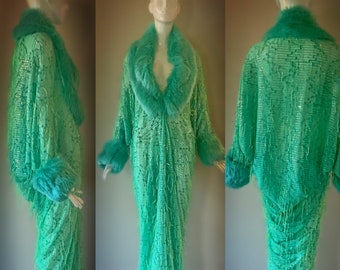 Sheer cocoon robe-fringe sequin mesh-jade green iridescent sequins-jade faux fox fur -custom made old Hollywood glam robe-red carpet robe