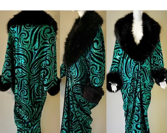 Handmade-custom made robe-1920s style-Old Hollywood robe-green and black embossed-Velvet robe-faux fur collar-Gatsby-Burlesque-Gift-Bridal