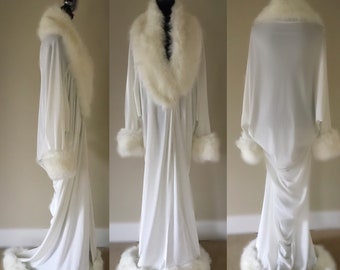 White Velvet robe-faux artic fox fur trim-old Hollywood,1920s style-Handmade luxury robe-Boudoir,Burlesque,Gift,Mothers day