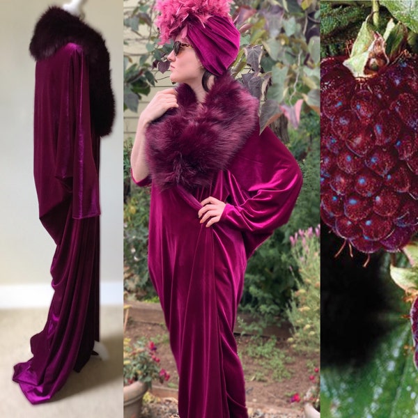 Old Hollywood Glamour Robe- cocoon robe-faux fur collar-1920s glamour-rich berry colored velvet -Wedding-Burlesque-Luxury.