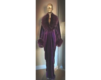 Plum Velvet robe-faux fur collar-old Hollywood-1920s style. Handmade cocoon robe-Boudoir-Burlesque-Gift-Mothers day