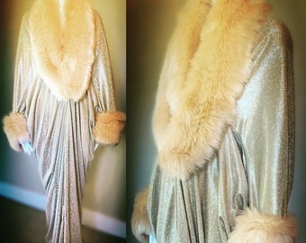 Glitter iridescent pale champagne-handmade -cocoon robe-faux fur trim-Old Hollywood Robe
