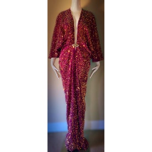 Sequin Velvet Gown-Art Deco-Old Hollywood-Angel wing sleeve- sash belt-evening gown-dramatic gown-red carpet