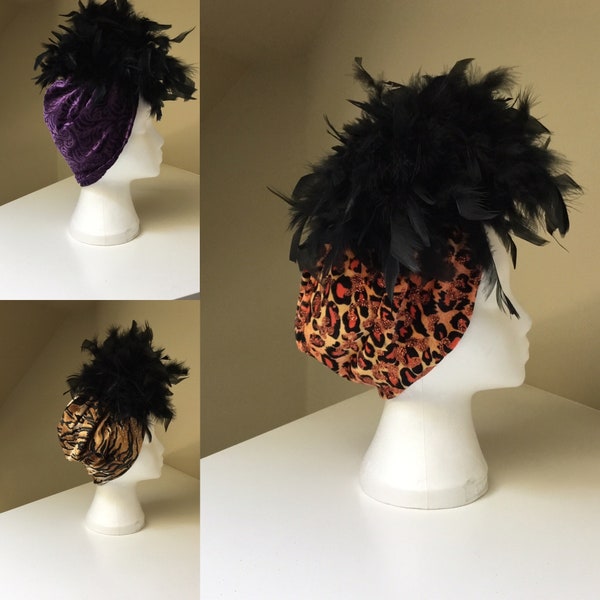 Custom-Handmade Turban-Velvet-Chandelle Feather Trim-Glamorous Old Hollywood Style