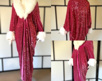 Old Hollywood robe-evening wear-1920’s robe-Velvet robe-faux fur collar cuffs-1920s glamour- pink sequin velvet robe-Gift-Burlesque-Drag