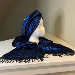 Chic and elegant headband and scarf set- luxurious gilded blue and black velvet scarf and headband set.