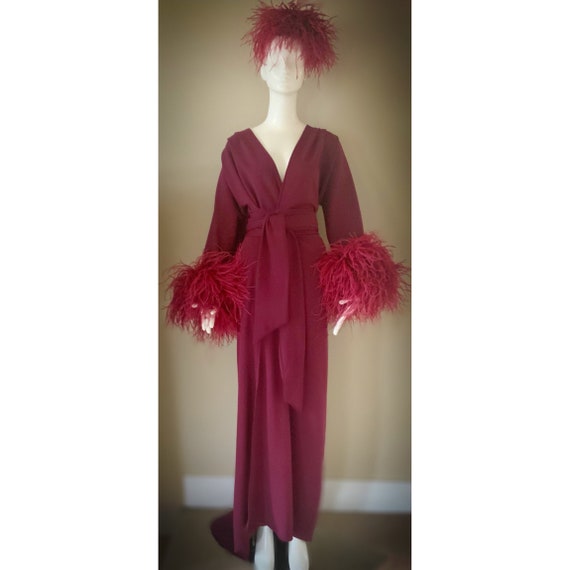 Custom handmade robe-rich merlot slinky jersey-handmade robe-ostrich trim-old Hollywood glam