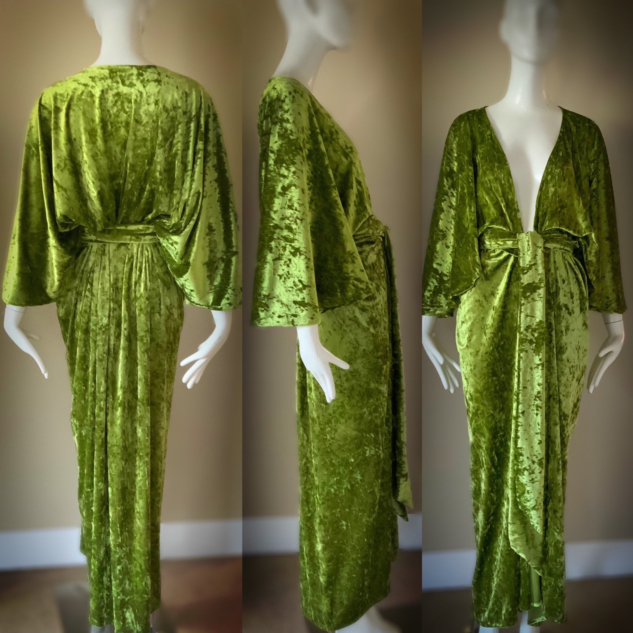 Moss Green chartreuse Crushed Velvet Gown art Deco old Hollywood angel Wing Sleeves sash Belt evening Gown Etsy
