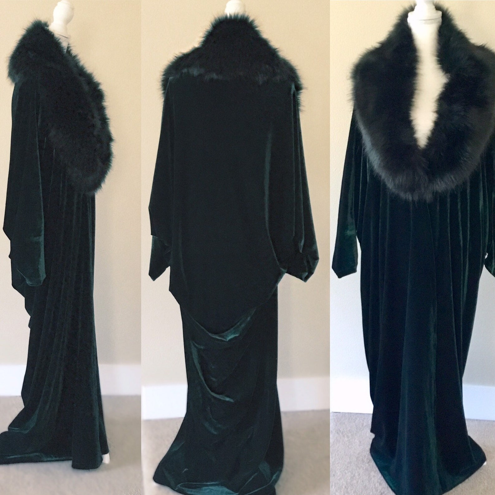 Custom Made-hunter Green Velvet Cocoon Robe-faux Fur Collar-old ...