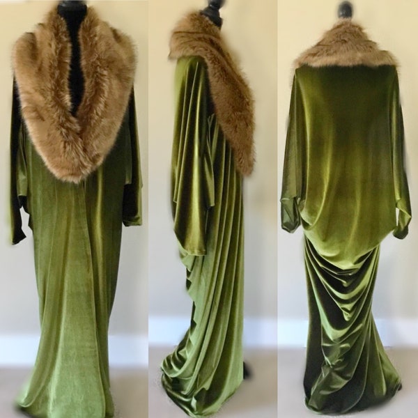 Olive Green Velvet-1920's-Old Hollywood-Downton style robe-velvet cocoon robe coat-custom handmade robe-faux fur collar-gift-Gatsby