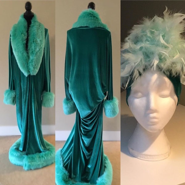 Old Hollywood robe-Jade Green Velvet Cocoon Robe-faux fur trim-Gatsby-Downton-art deco style robe