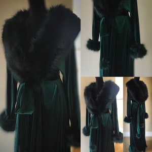Hunter Green-Handmade Glamour Robe-Old Hollywood glamour-velvet robe-faux fur trim
