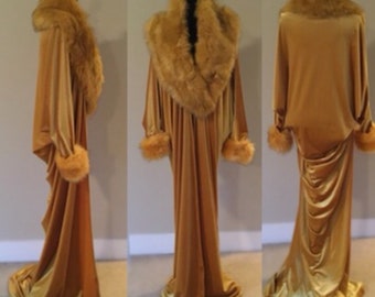 Gold Velvet robe-faux fur collar-old Hollywood-1920s style-handmade-gold velvet-boudoir-Burlesque-Gift-Bridal