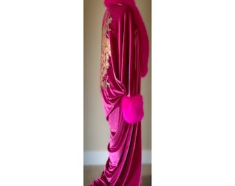 Old Hollywood glamour-Fuschia velvet cocoon robe-Wedding-burlesque-gift for her.