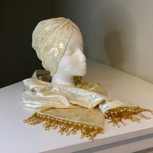 Chic and elegant hat and scarf set- luxurious gilded gold and ivory velvet scarf and hat set.