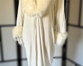 White Velvet-sequin robe with luscious faux arctic fox fur collar and cuffs, 1920s glamour-Wedding-Burlesque-Luxury.