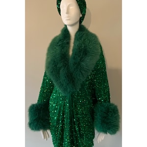 Emerald Green Velvet-sequin robe with luxe faux fur collar and cuffs,1920s retro style-Old Hollywood-Wicked-Wedding-Burlesque-Christmas