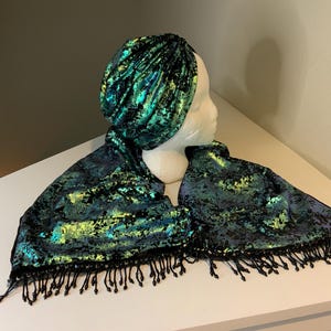 Chic and elegant hat and scarf set- luxurious gilded green and black velvet scarf and hat set.