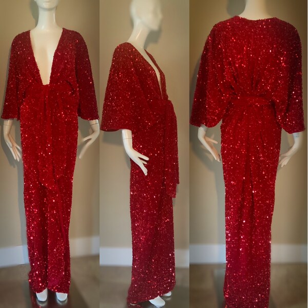 Bright red,Sequin Velvet Gown-Art Deco-Old Hollywood-Angel wing sleeve- sash belt-evening gown-dramatic gown-red carpet