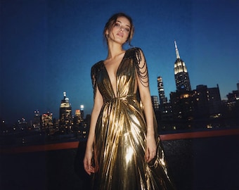 Vestido de diosa dorada / Vestido de noche griego metalizado / Vestido glamuroso para la alfombra roja / Vestido de recepción nupcial dorado drapeado