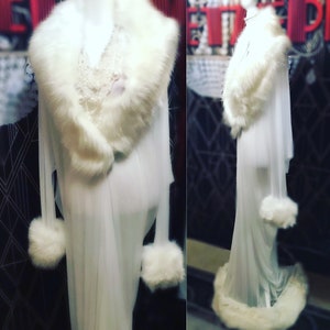 Old Hollywood glamour-beautiful ,sheer winter white cocoon robe-artic fox faux fur collar,cuffs and hem.