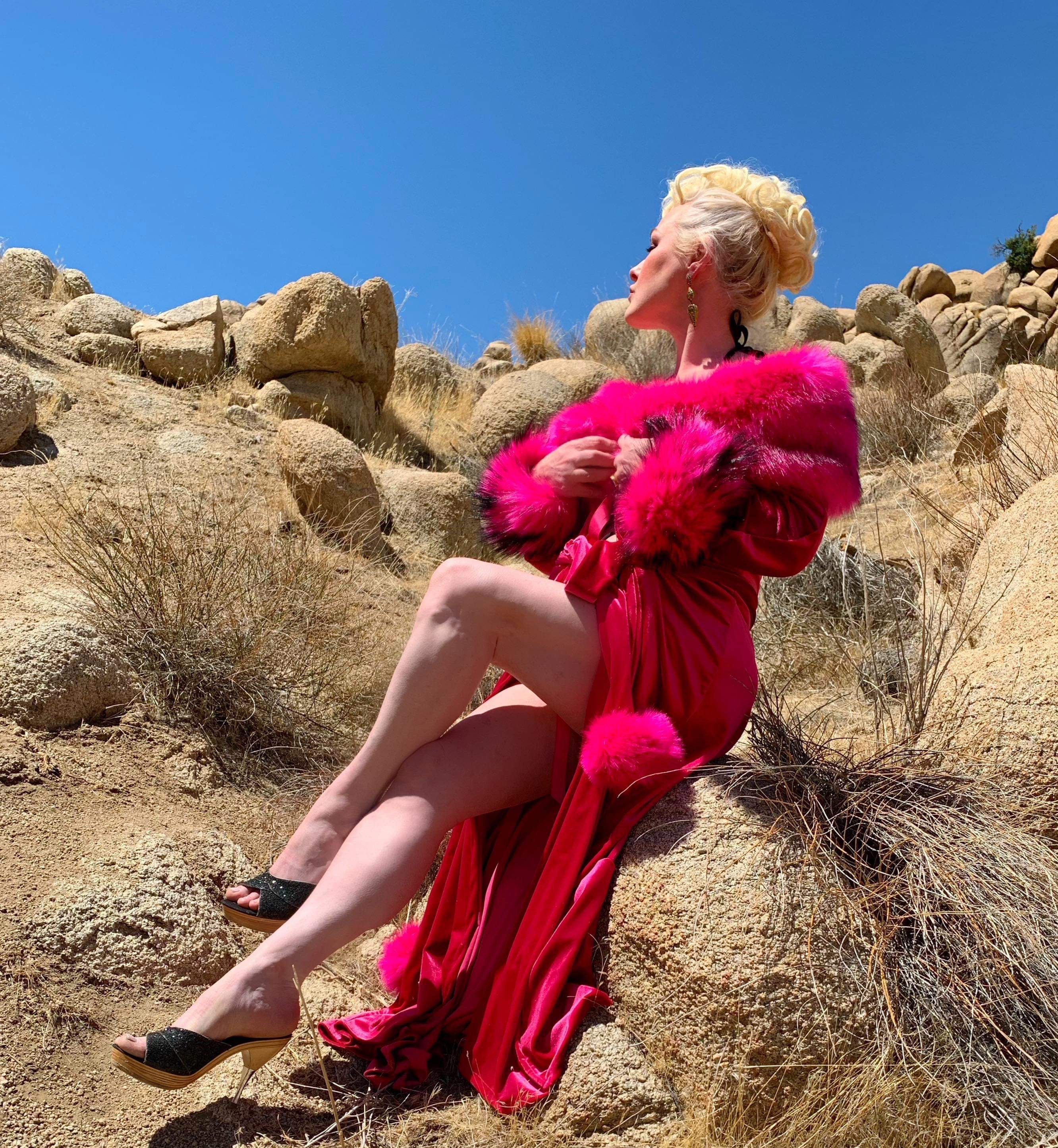 Vibrant Fuchsia velvet-Glamour Robe-Old Hollywood glamour-velvet robe-faux fur collar and cuffs and pompom