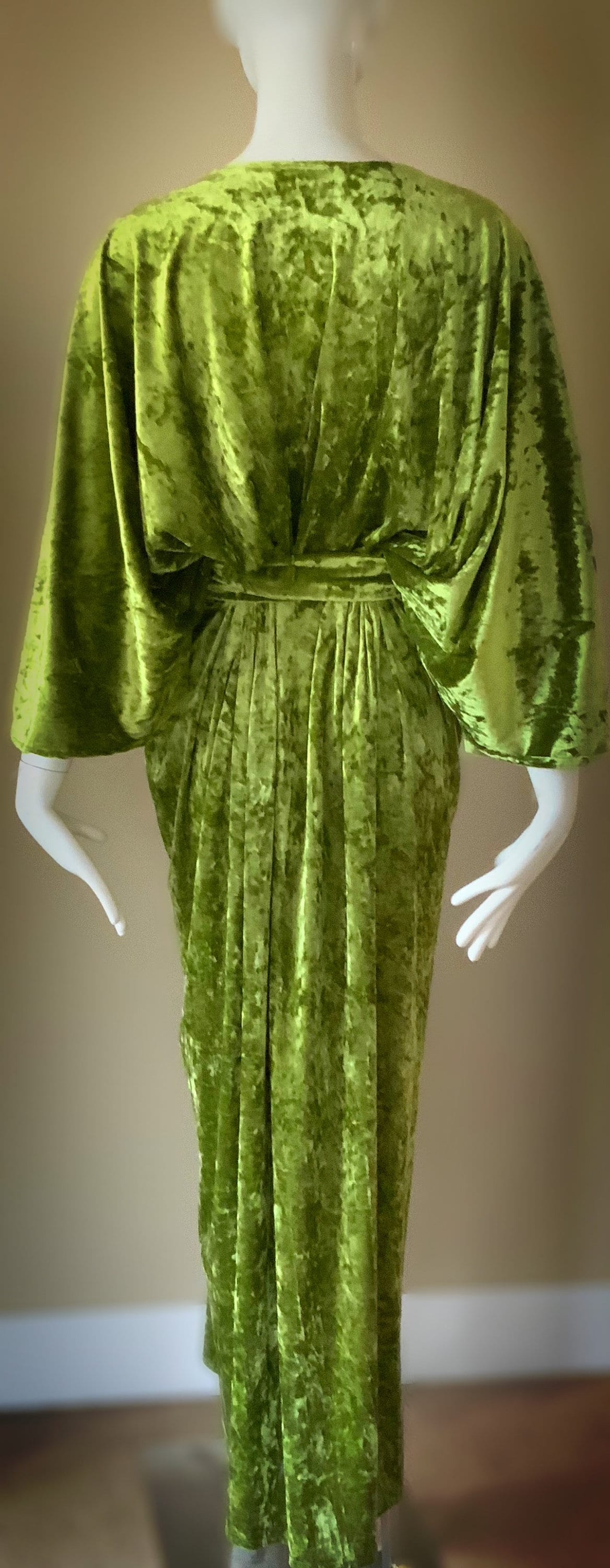 Moss Green/chartreuse Crushed Velvet Gown-art Deco-old Hollywood-angel Wing  Sleeves-sash Belt-evening Gown - Etsy