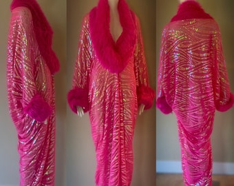 Sheer sequin cocoon evening coat-hot pink mesh sequin-hot pink faux fur glam robe-red carpet gown