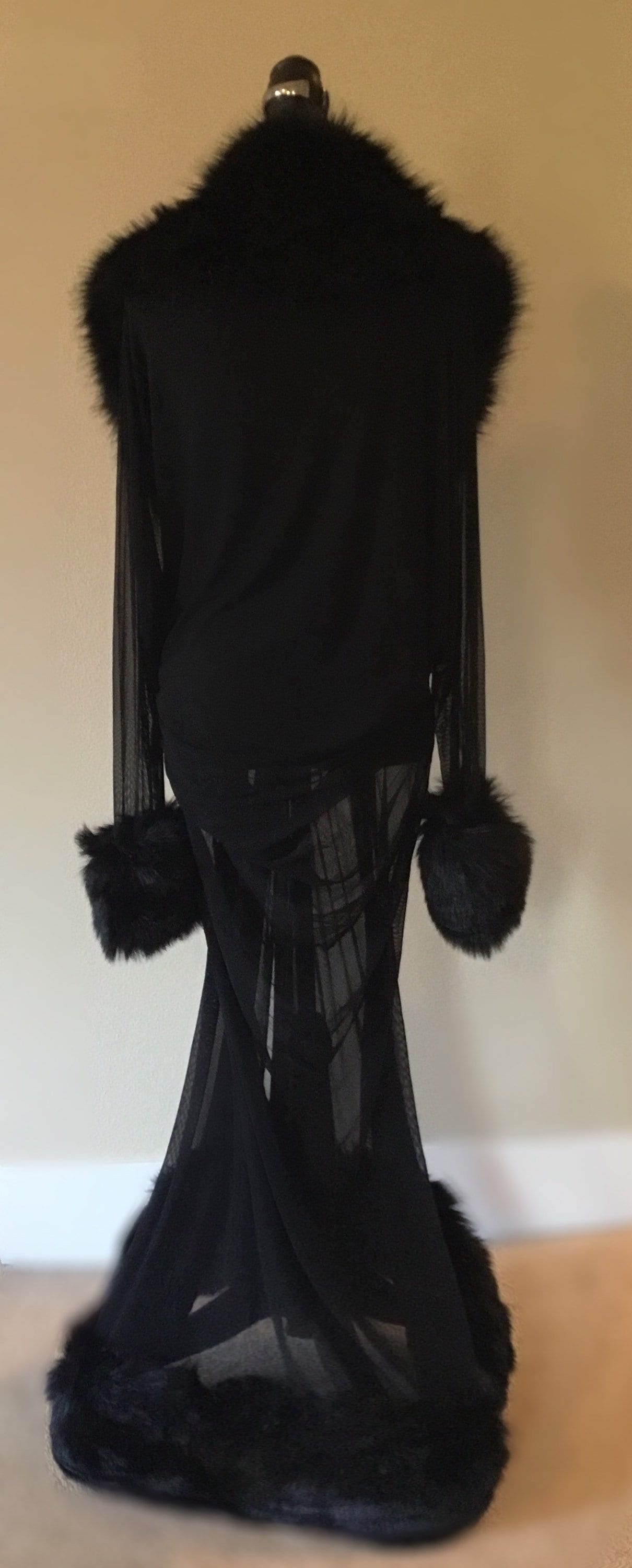 Black Sheer Cocoon Robe-glamour Robe-faux Fur Trim-old Hollywood ...