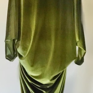 Puede incluir: Un vestido largo de terciopelo verde con un cuello de piel sint&eacute;tica marr&oacute;n. El vestido tiene un dise&ntilde;o fluido y drapeado, perfecto para una ocasi&oacute;n especial.