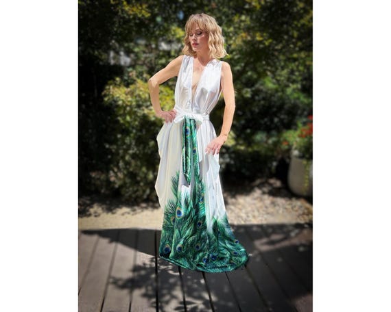 Grecian Goddess Gown,silky White Peacock Print Gown,bridal,burlesque,drag,gift,custom  Handmade Evening Gown,red Carpet Gown - Etsy