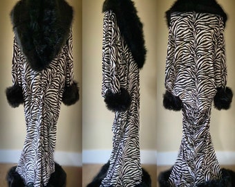 Black and white zebra-Velvet robe -Old Hollywood style-Full length robe -zebra print velvet- faux fur trim-glamour-Drag-Burlesque