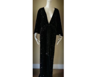 Midnight Black Sequin Velvet Gown-art Deco-old Hollywood-angel Wing Sleeve-  Sash Belt-evening Gown-dramatic Gown-red Carpet - Etsy