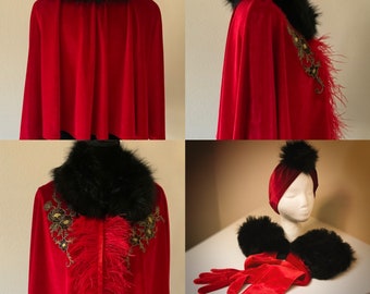 Stunning set: Scarlet velvet evening cape,faux fur collar,ostrich trim,matching turban and gloves